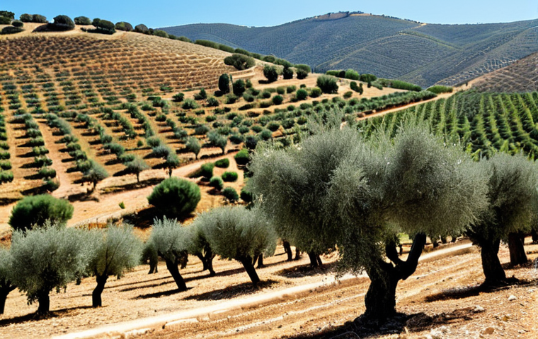 **
A vibrant, sun-drenched image of olive groves in Andalusia, Spain. Focus on drought-resistant olive trees with a modern drip irrigation system visible. In the background, rolling hills and a clear blue sky. The overall impression should be one of resilience and adaptation to climate change, showcasing innovative water management in a traditional agricultural landscape.
**