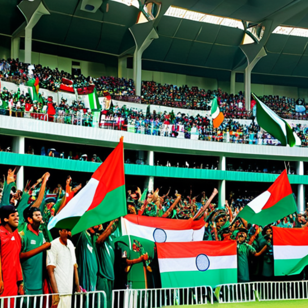 A vibrant scene inside a modern cricket stadium in Bangladesh, teeming with diverse, enthusiastic cricket fans. The crowd is fully clothed in modest, colorful attire, waving national flags and team banners. The atmosphere is electric, with expressions of excitement and national pride visible on faces. The stadium lights are bright, illuminating the large, packed stands. Professional sports photography, high quality, perfect anatomy, correct proportions, natural poses, well-formed hands, proper finger count, natural body proportions, fully clothed, appropriate attire, safe for work, appropriate content, family-friendly.