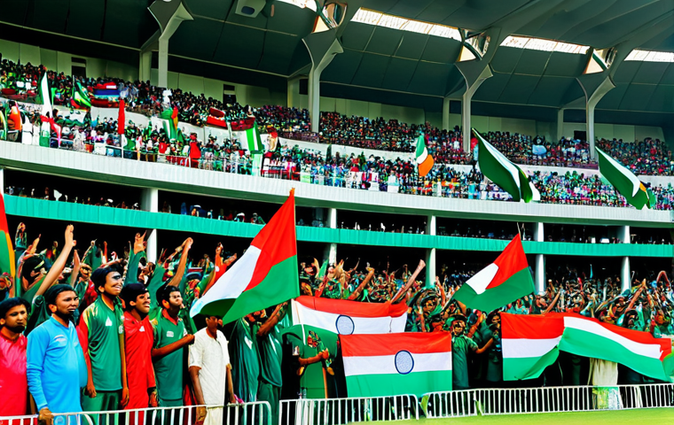 A vibrant scene inside a modern cricket stadium in Bangladesh, teeming with diverse, enthusiastic cricket fans. The crowd is fully clothed in modest, colorful attire, waving national flags and team banners. The atmosphere is electric, with expressions of excitement and national pride visible on faces. The stadium lights are bright, illuminating the large, packed stands. Professional sports photography, high quality, perfect anatomy, correct proportions, natural poses, well-formed hands, proper finger count, natural body proportions, fully clothed, appropriate attire, safe for work, appropriate content, family-friendly.