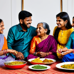 A multi-generational Bangladeshi family gathered for a festive meal, fully clothed in vibrant, modest, and traditional Bangladeshi attire such as saris, salwar kameez, and panjabis. They are seated around a large table laden with a variety of colorful dishes in a warm, inviting home setting, filled with soft, natural light. The atmosphere is joyous and communal, with family members sharing food and conversations. Perfect anatomy, correct proportions, natural pose, well-formed hands, proper finger count. Professional studio photography, high-resolution, vivid colors, focus on cultural authenticity and connection, safe for work, appropriate content, fully clothed, family-friendly.