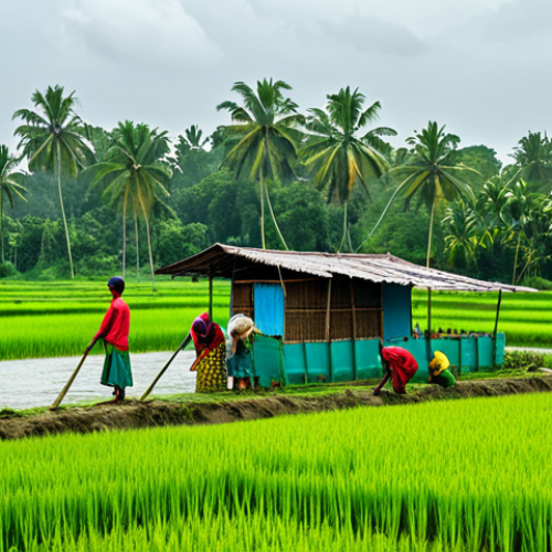 Home 9 Climate Resilience in Bangladesh**
"A group of fully clothed community members in Bangladesh working together to build a flood barrier in a rural village, modest clothing, appropriate attire, safe for work, showcasing sustainable practices, perfect anatomy, correct proportions, natural pose, realistic rendering, professional photography, high quality, family-friendly. Background includes lush green rice paddies and traditional Bangladeshi homes. The sky is overcast, hinting at the challenges of monsoon season."
**
