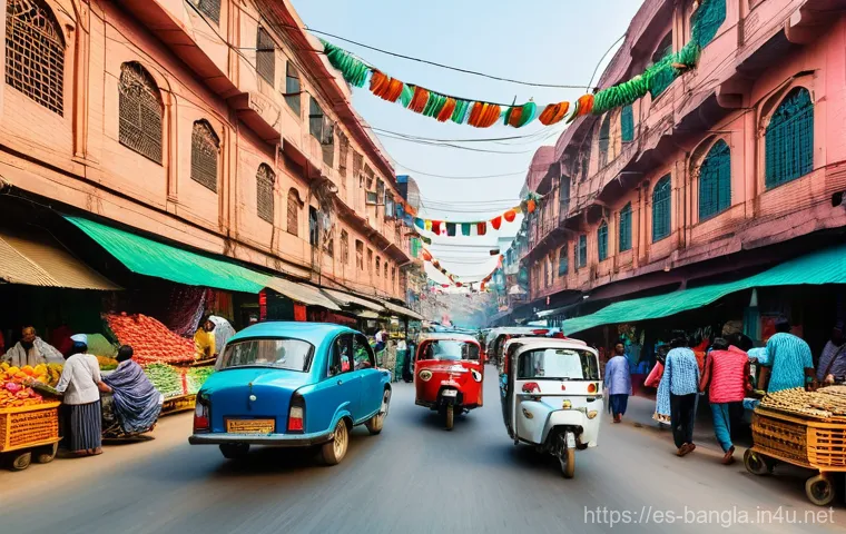 방글라데시의 도시 개발 역사 - **Vibrant Dhaka Street Life:**
    "A highly detailed, photorealistic image capturing a bustling str...