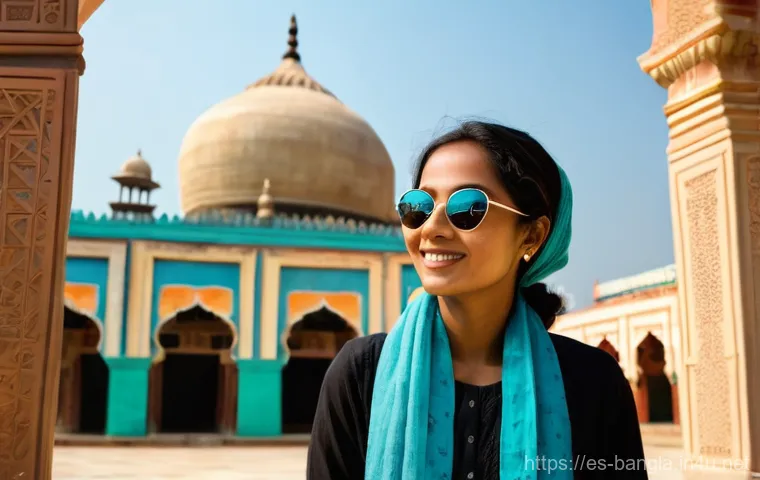 방글라데시 여행 필수 품목 - **Prompt:** A diverse traveler, male or female, stands gracefully outside an ornate, ancient Banglad...