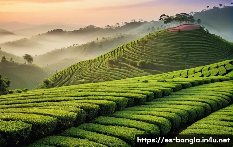 방글라데시 홍차 농장 체험 - **Prompt 1: Serene Dawn over Emerald Tea Hills**
    "A breathtaking panoramic view of endless, undu...