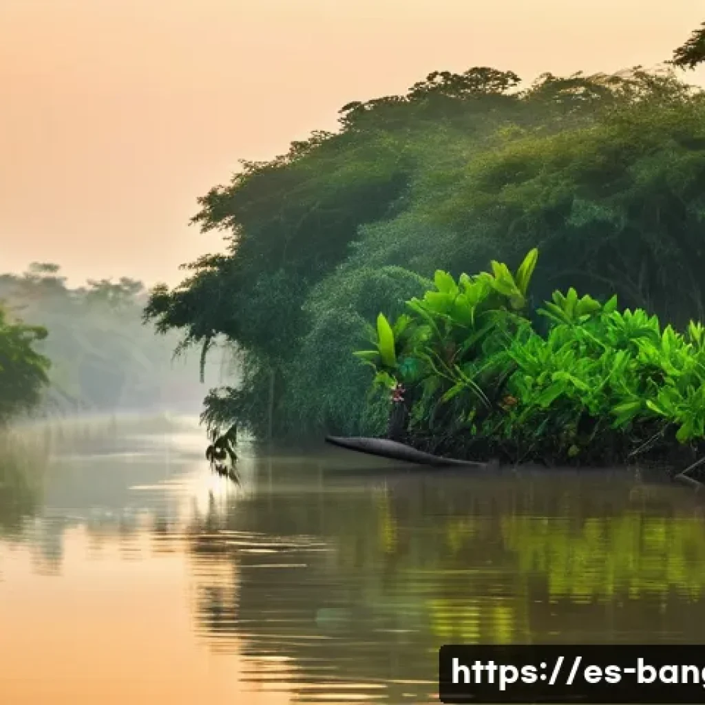 방글라데시 관광 명소 리뷰 - A breathtaking panoramic view of the Sundarbans mangrove forest at dawn, showcasing dense green foli...