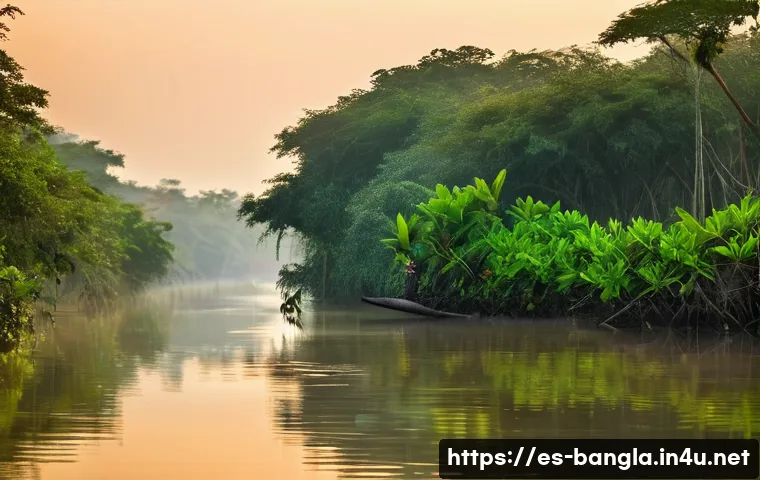 방글라데시 관광 명소 리뷰 - A breathtaking panoramic view of the Sundarbans mangrove forest at dawn, showcasing dense green foli...