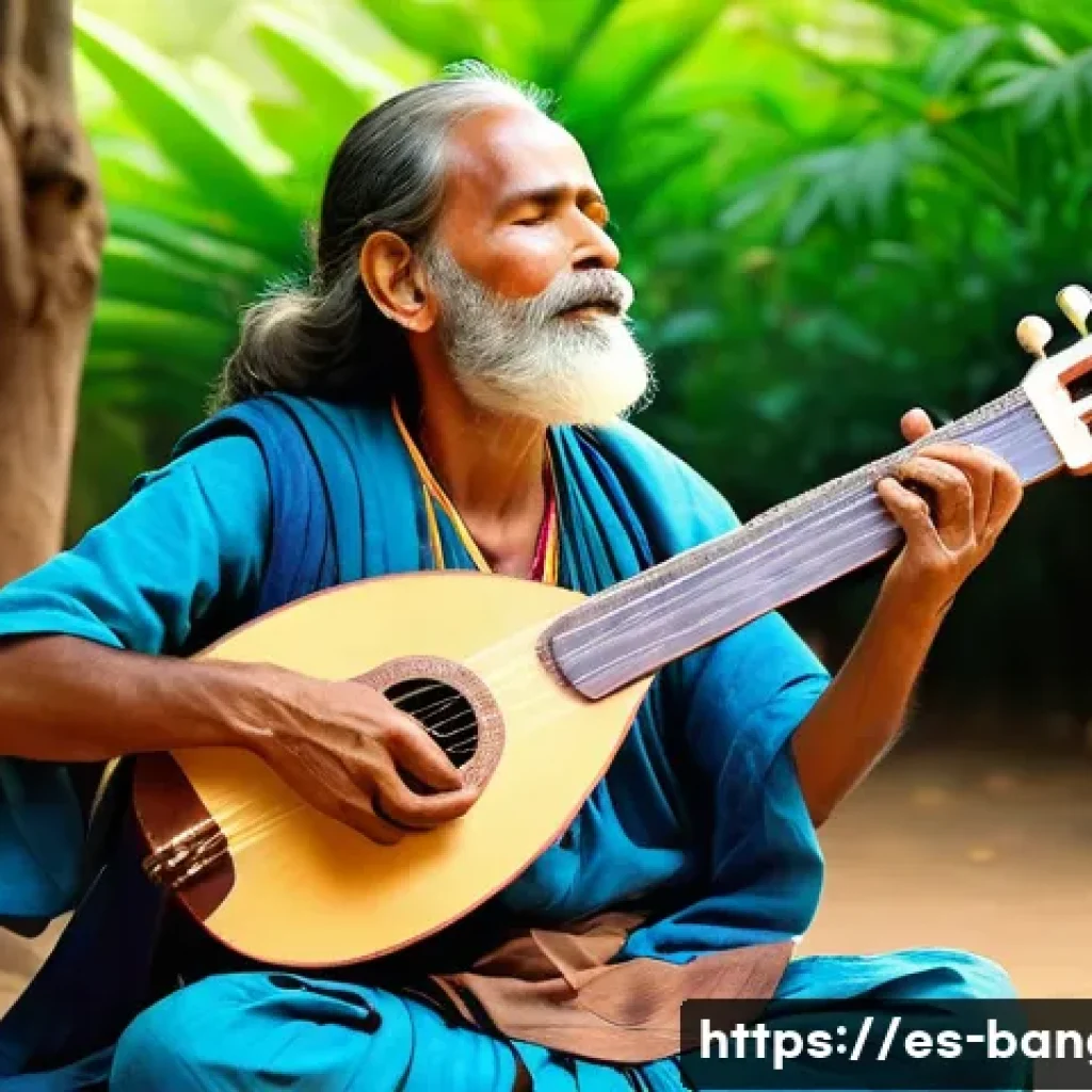 방글라데시 전통 공연 예술 - A serene outdoor scene depicting a Baul musician in traditional simple clothing playing an ektara, a...