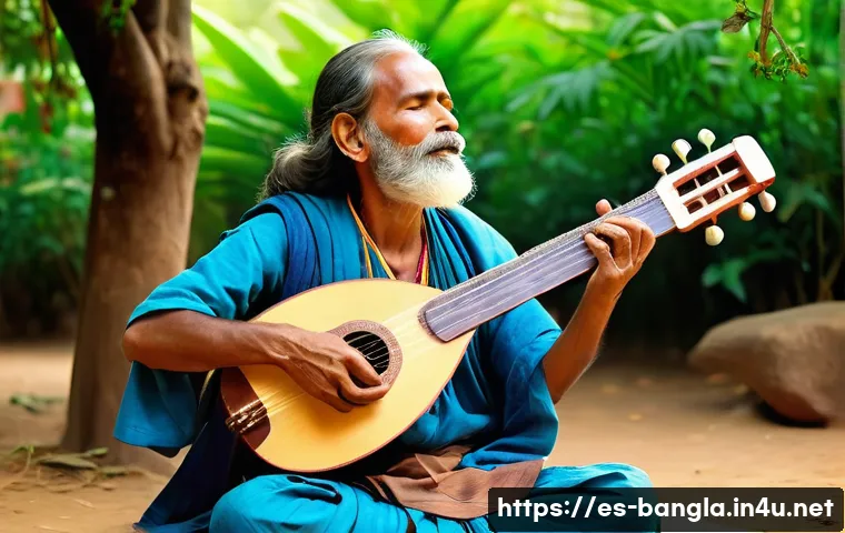 방글라데시 전통 공연 예술 - A serene outdoor scene depicting a Baul musician in traditional simple clothing playing an ektara, a...