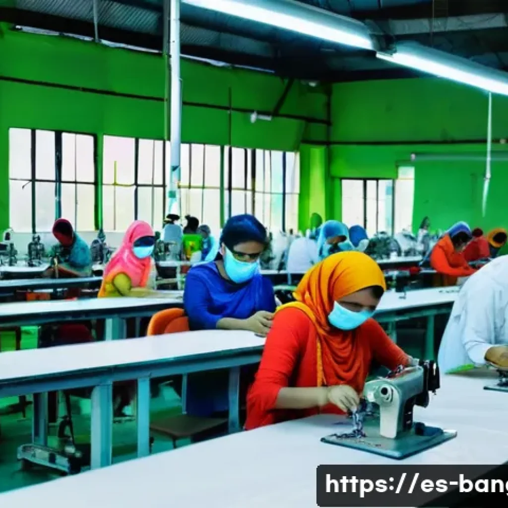 방글라데시에서의 무역 기회 - A vibrant textile factory scene in Bangladesh showing a diverse group of young workers wearing prote...