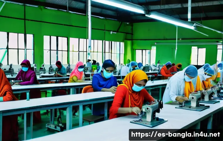 방글라데시에서의 무역 기회 - A vibrant textile factory scene in Bangladesh showing a diverse group of young workers wearing prote...