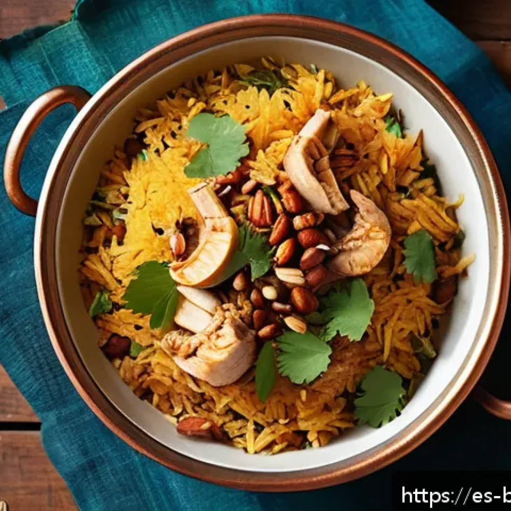 방글라데시 전통 요리 비리야니 - A vibrant, detailed close-up of a traditional Bangladeshi biriyani dish served in a rustic copper po...