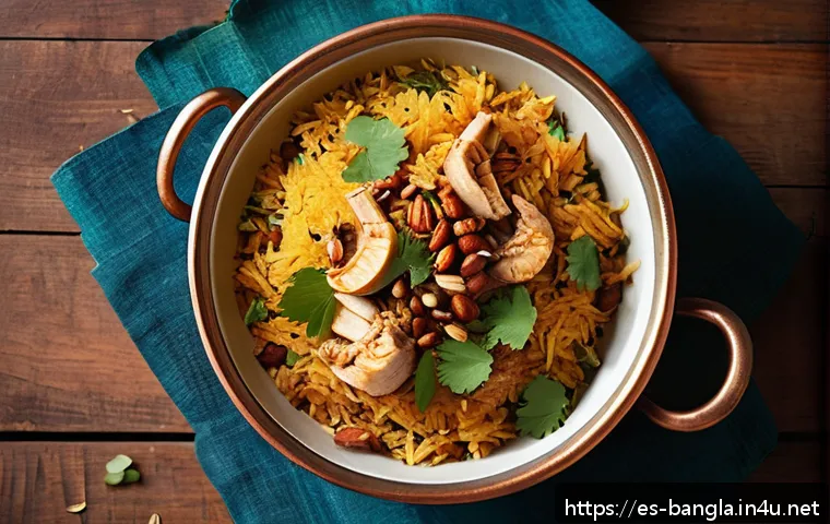 방글라데시 전통 요리 비리야니 - A vibrant, detailed close-up of a traditional Bangladeshi biriyani dish served in a rustic copper po...