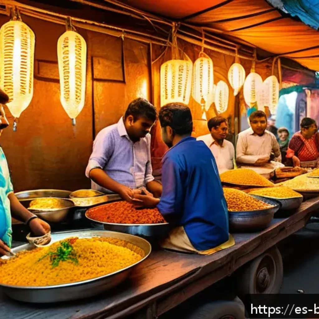 방글라데시 여행용 어플 - A vibrant street food market scene in Bangladesh during the evening, bustling with locals and touris...