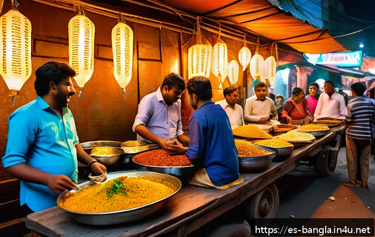 방글라데시 여행용 어플 - A vibrant street food market scene in Bangladesh during the evening, bustling with locals and touris...