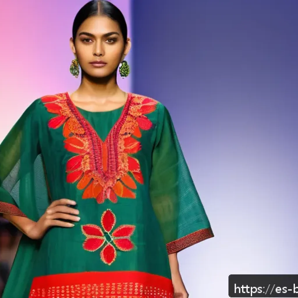 방글라데시 전통 무늬와 패턴 - A contemporary fashion runway scene featuring a female model wearing a modern dress inspired by trad...