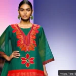 방글라데시 전통 무늬와 패턴 - A contemporary fashion runway scene featuring a female model wearing a modern dress inspired by trad...