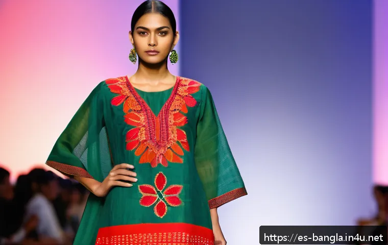 방글라데시 전통 무늬와 패턴 - A contemporary fashion runway scene featuring a female model wearing a modern dress inspired by trad...
