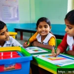 방글라데시 어린이 교육 상황 - A vibrant classroom scene in an urban Bangladeshi school, featuring young children actively engaged ...