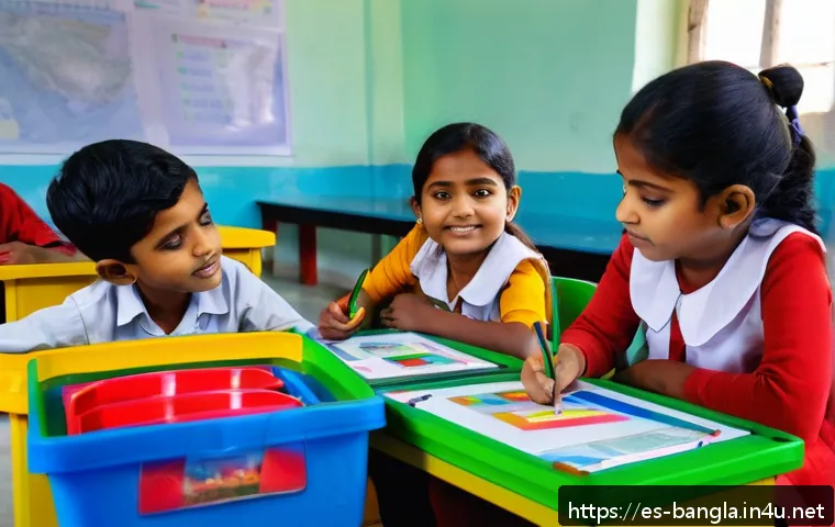 방글라데시 어린이 교육 상황 - A vibrant classroom scene in an urban Bangladeshi school, featuring young children actively engaged ...