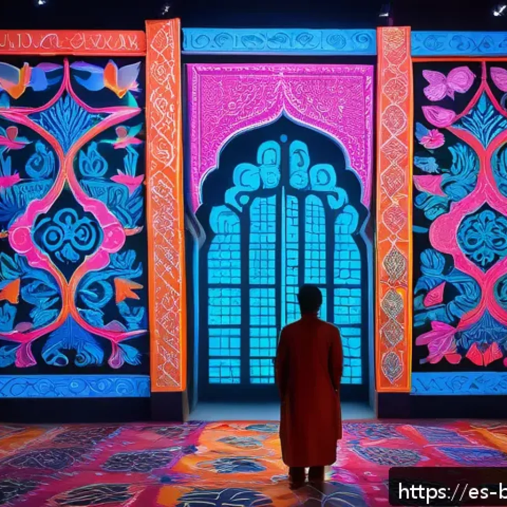 방글라데시의 현대 미술 - A vibrant contemporary Bangladeshi art installation blending traditional Bengali script motifs with ...