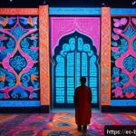 방글라데시의 현대 미술 - A vibrant contemporary Bangladeshi art installation blending traditional Bengali script motifs with ...