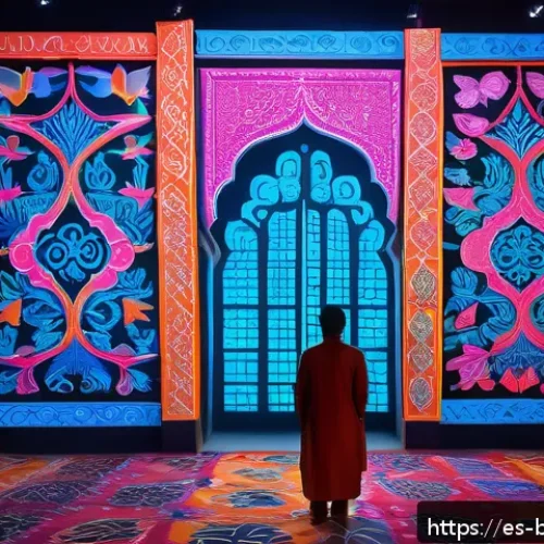 방글라데시의 현대 미술 - A vibrant contemporary Bangladeshi art installation blending traditional Bengali script motifs with ...