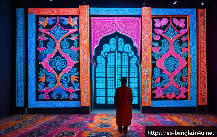 방글라데시의 현대 미술 - A vibrant contemporary Bangladeshi art installation blending traditional Bengali script motifs with ...
