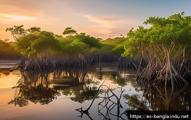 벵골 호랑이 서식지 순다르반스 - A vibrant mangrove ecosystem scene at sunrise, featuring dense mangrove trees with intricate aerial ...