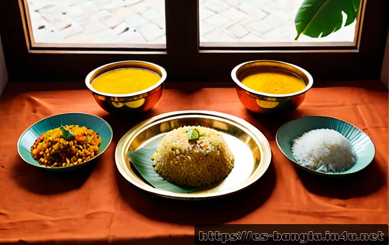 Home 17 방글라데시 전통 식기 - Photorealistic overhead tabletop scene of traditional Bangladeshi dining ware: polished brass thali ...
